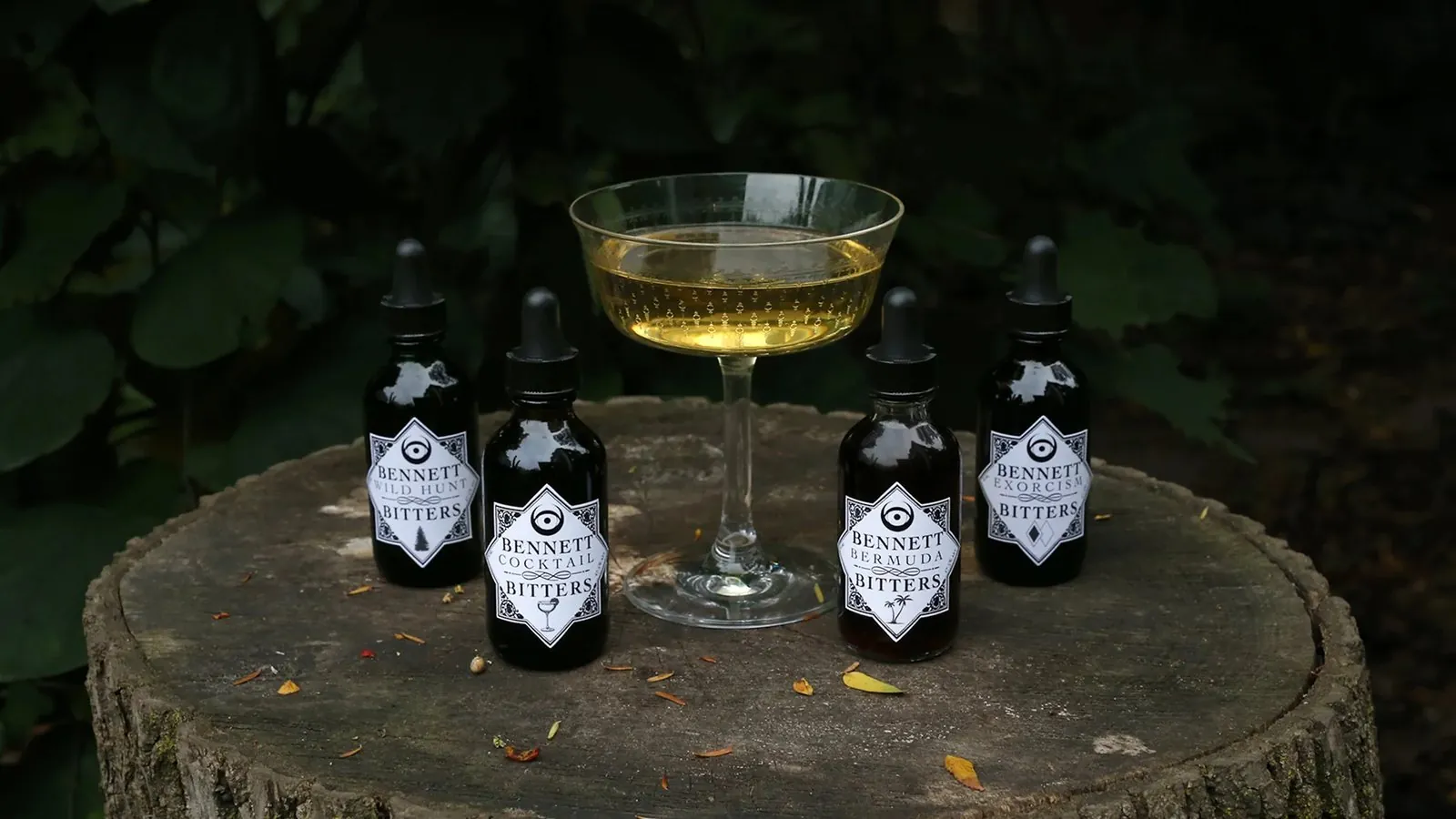 Bennett Bitters bottles with a champagne coupe