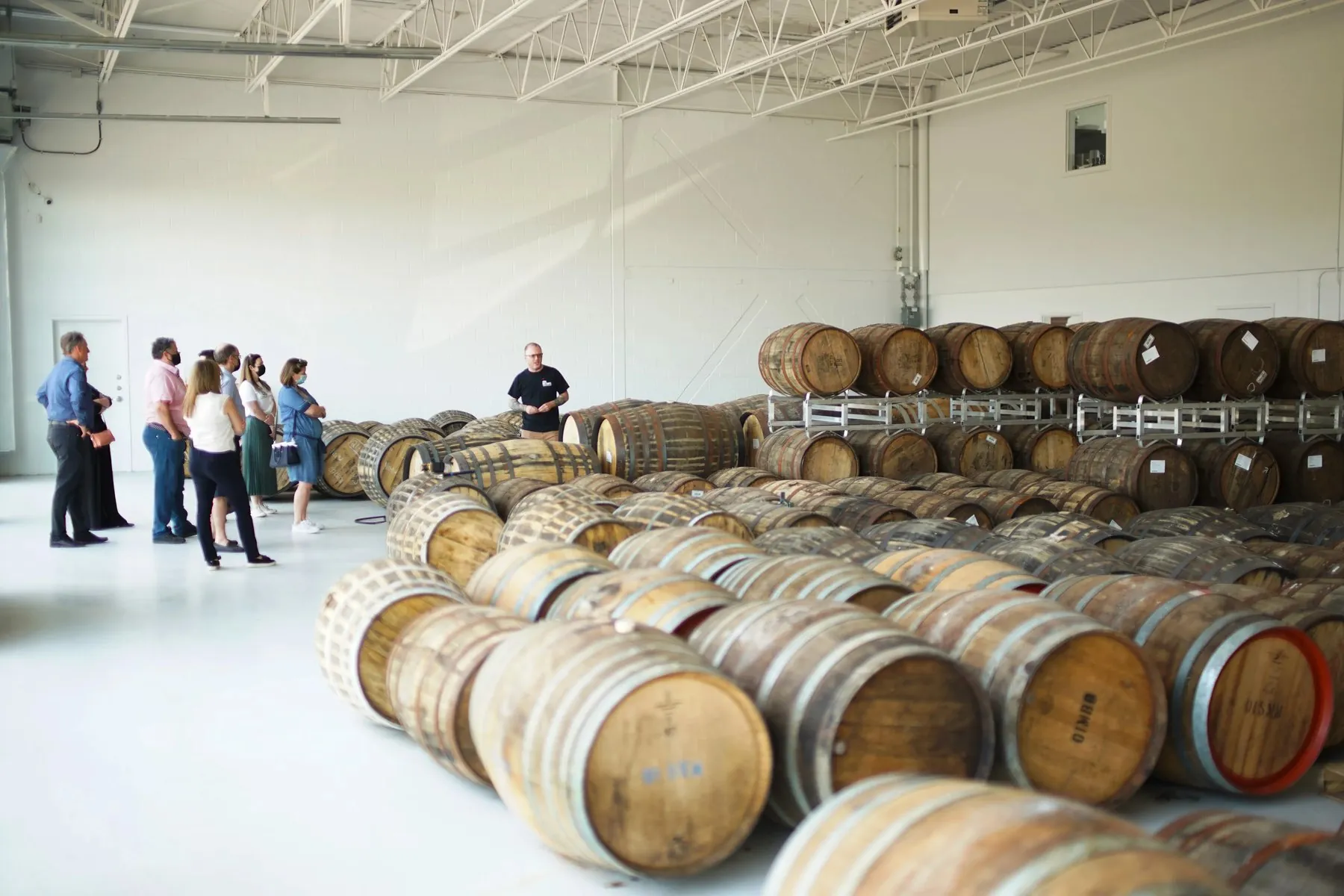 Barrel room tour at a distillery