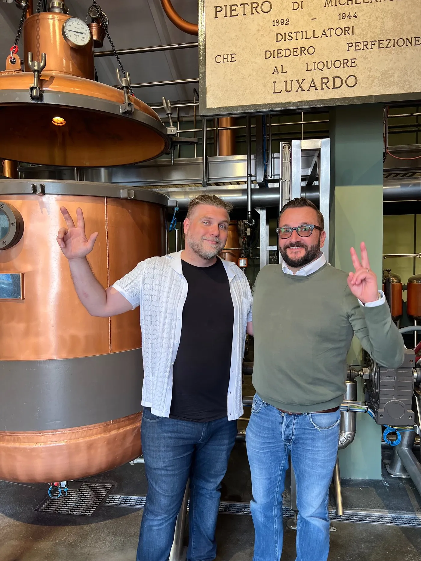 Jean-Sebastien Michel of Alambika with Matteo Luxardo at the Luxardo distillery near Padova, Italy