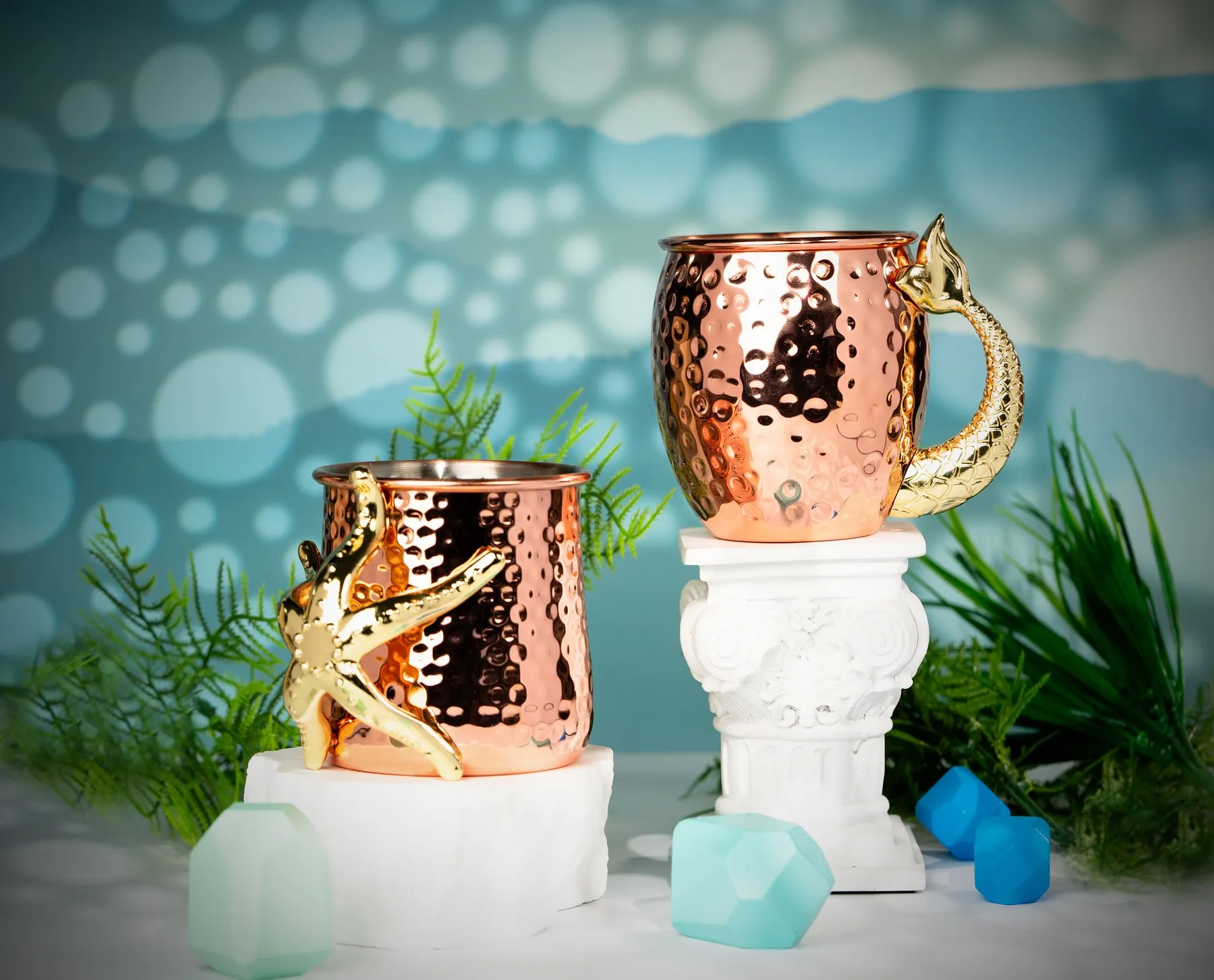 Coastal copper mule mugs — mermaid and starfish