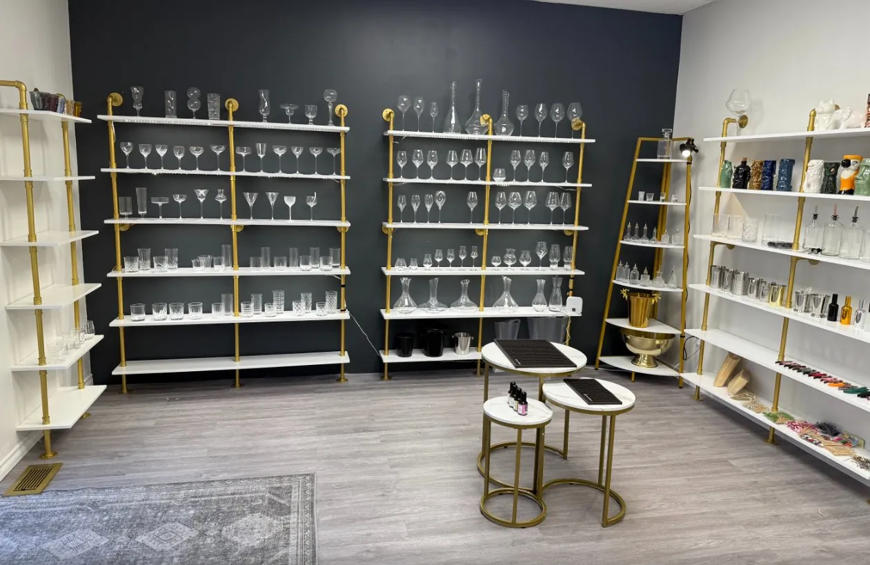 Inside the Alambika GTA showroom — glassware wall
